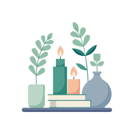 Still life arrangement with candles, plants, and books on a shelf in a flat style.のイラスト素材