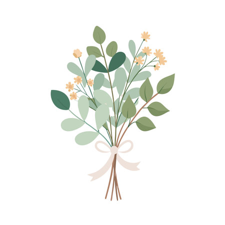 Delicate floral bouquet of leaves and small flowers tied with a ribbon, isolated on whiteのイラスト素材