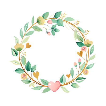 Watercolor floral wreath with pink heart, perfect for Valentine's Day design and invitation templatesのイラスト素材