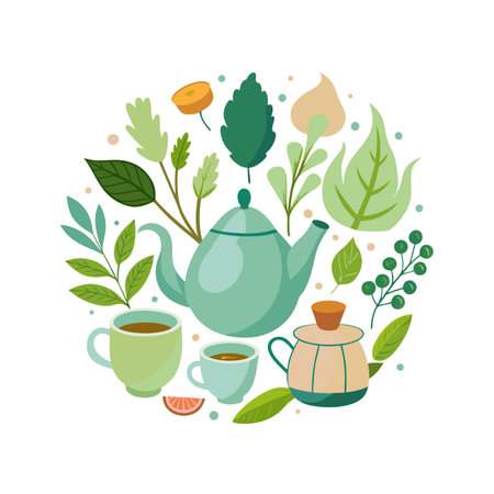 Teapot and Teacup Assortment with Botanical Elements in a Circular Arrangementのイラスト素材