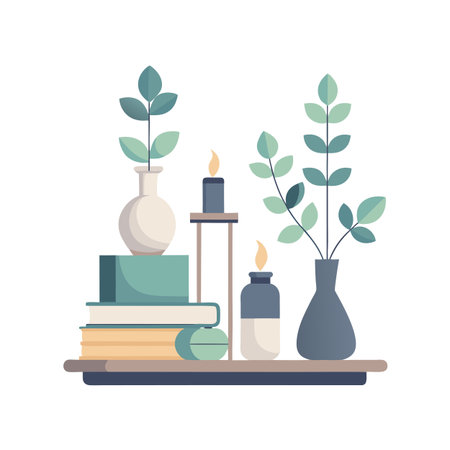 Bookshelf scene with books, vases, plants and candles in flat design illustration.のイラスト素材