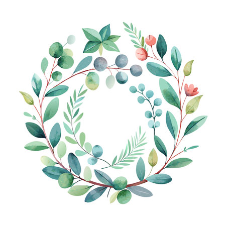 Watercolor Floral Wreath with Eucalyptus and Berries on White Background for Decorationのイラスト素材