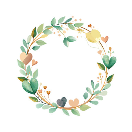 Watercolor Floral Wreath with Hearts and Leaves for Wedding or Valentine's Dayのイラスト素材