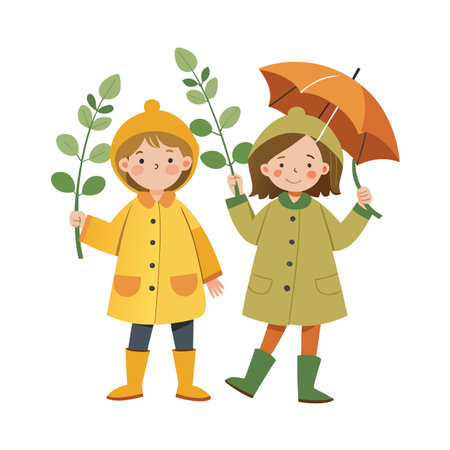 Two children in raincoats with foliage and umbrella in an autumn color paletteのイラスト素材