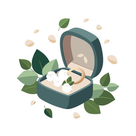 Elegant wedding ring presentation: gold ring in a stylish box with botanical elementsのイラスト素材
