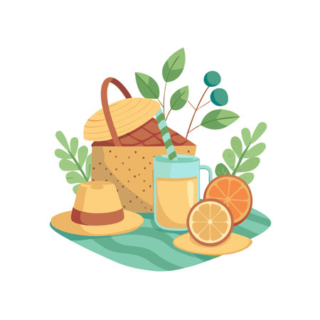 Cheerful picnic scene with basket orange juice and hats in a whimsical styleのイラスト素材