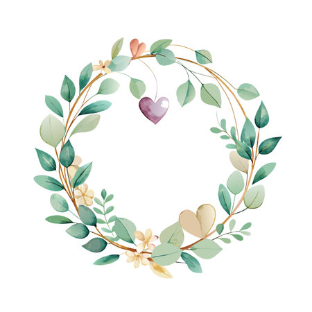 Watercolor Floral Wreath with Heart Pendant for Wedding Invitations and Spring Decorationsのイラスト素材