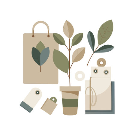 Flat design still life showcasing sustainable lifestyle elements and eco-friendly shopping conceptのイラスト素材