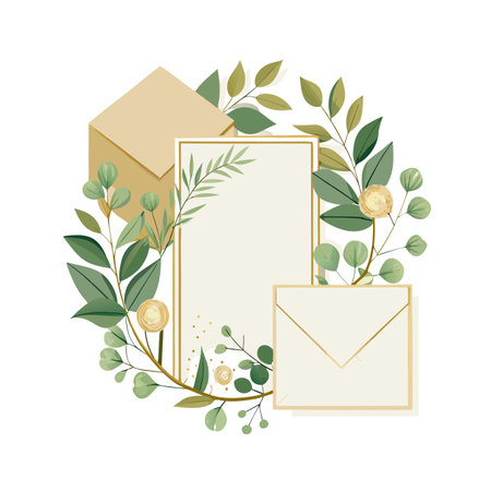Elegant botanical frame with blank card and envelopes for greeting or invitation designsのイラスト素材