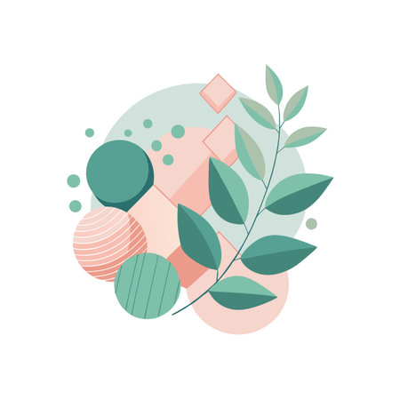 Modern Geometric Design with Botanical Leaf Accents on White Backgroundのイラスト素材