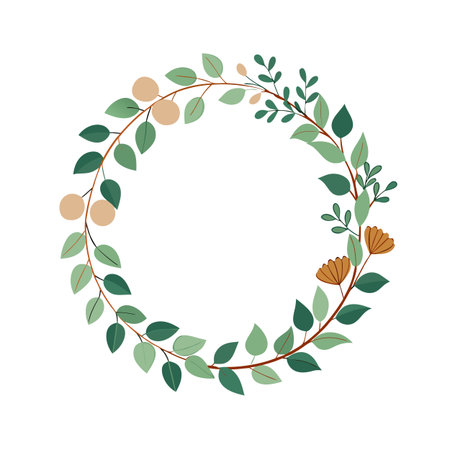Flat design floral wreath with light and dark green leaves and flowers on white backgroundのイラスト素材