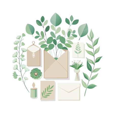 Elegant flat lay featuring envelope, leaves, candle, flowers and postcards arranged in circular composition on white backgroundのイラスト素材