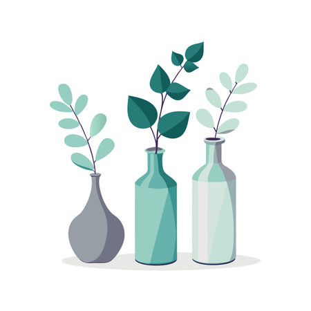 Minimalist illustration of three vases with different leaves in varying shades of greens and greysのイラスト素材