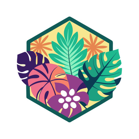 Colorful Tropical Leaves Illustration with Geometric Frame for Summer Designsのイラスト素材