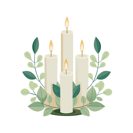 Vector Illustration of Lit Candles with Foliage, A Peaceful Still Life Arrangement on Whiteのイラスト素材