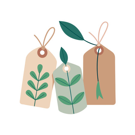 Three Gift Tags Decorated with Green Leaves, Isolated on White Background, Flat Designのイラスト素材