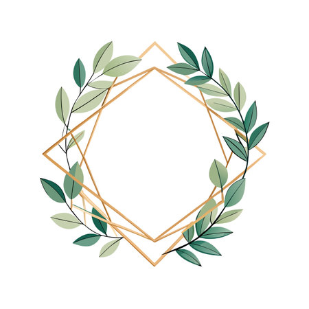 Geometric gold frame with green leaves, a clean and elegant design element for brandingのイラスト素材