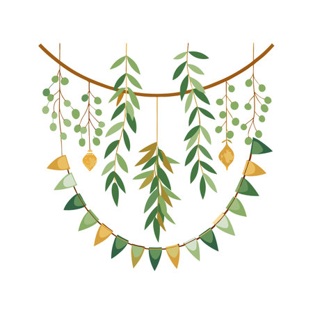 Flat vector illustration of hanging plants and a party flag banner on white backgroundのイラスト素材