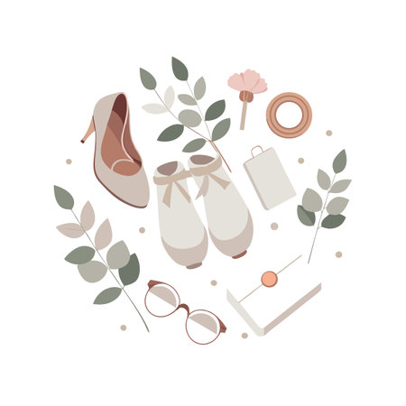 Elegant feminine essentials flat lay arrangement with shoes, ballet slippers, glasses and flower, on white backgroundのイラスト素材