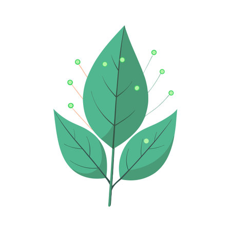 Stylized Plant Illustration with Green Leaves and Spherical Elements on White Backgroundのイラスト素材