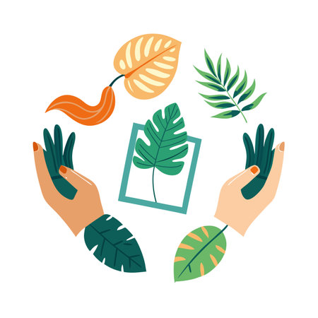 Hands surrounding plants with a white background promoting care and wellness conceptのイラスト素材