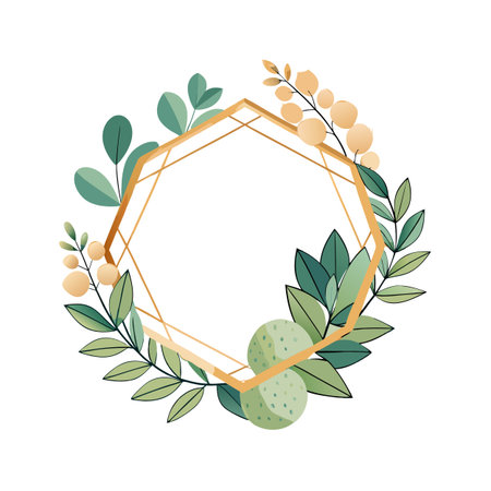 Elegant floral frame with geometric golden border and green leaves, perfect for invitation designのイラスト素材
