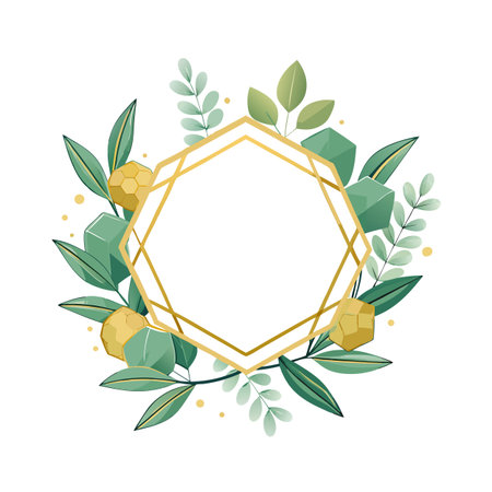 Elegant Geometric Frame with Greenery and Golden Accents for Invitations and Stationeryのイラスト素材