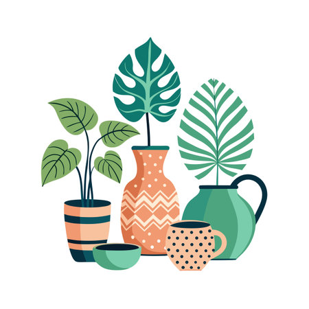 A colorful collection of houseplants and decorative vessels in a bright flat designのイラスト素材