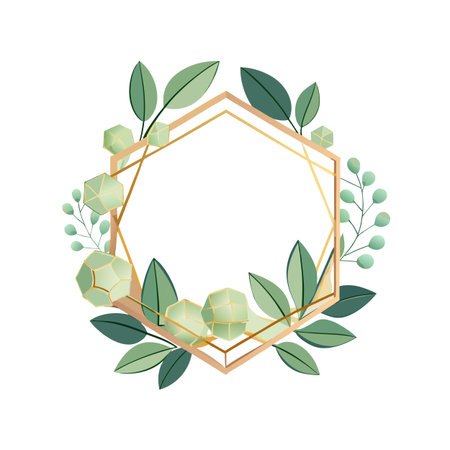 Geometric floral frame with green leaves, berries and gemstone shapes, elegant botanical designのイラスト素材