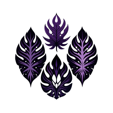 Four stylized monstera leaves in shades of purple against a white background for creative projectsのイラスト素材
