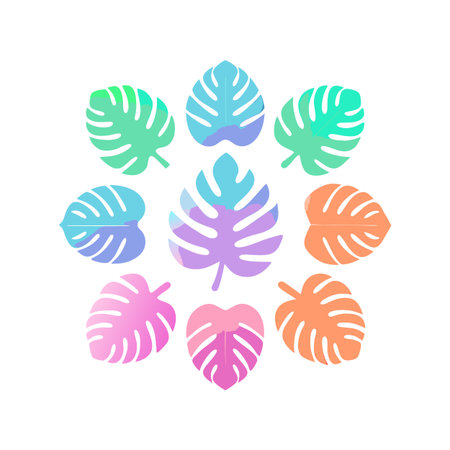 Vibrant Circle of Pastel Watercolor Monstera Leaves on a White Backgroundのイラスト素材
