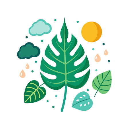 Tropical Foliage Flat Illustration with Leaves and Abstract Weather Elements on White Backgroundのイラスト素材