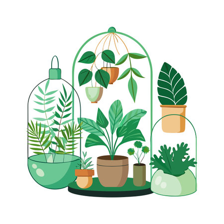 Indoor Plants in Terrariums and Pots, Flat Illustration, Botanical Garden Conceptのイラスト素材