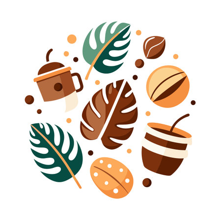 Modern tropical composition with coffee drinks and leaves in shades of brown and greenのイラスト素材