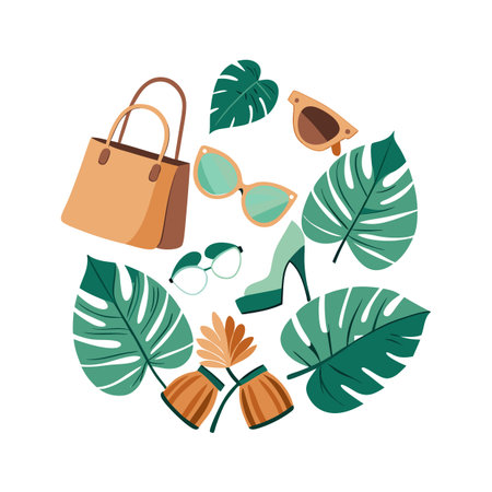 Tropical summer fashion accessories flat lay on white background for marketing or designのイラスト素材