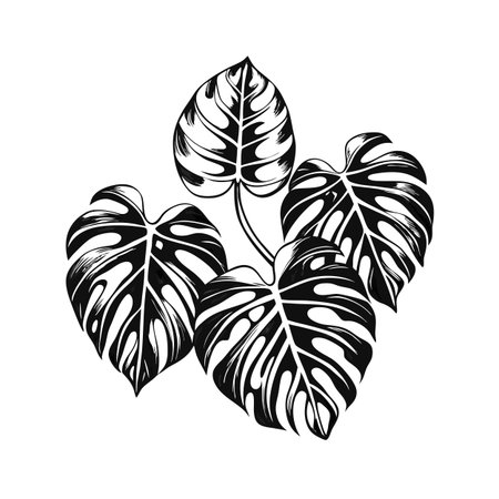 Elegant Monstera Leaf Illustration with Bold Black Lines and White Background for Design Projectsのイラスト素材