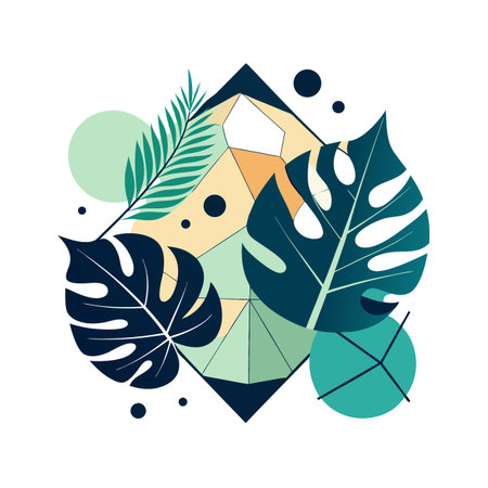 Modern Geometric Tropical Leaves on Diamond Shape Background Flat Vector Illustrationのイラスト素材
