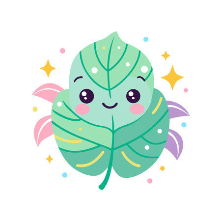 Cute smiling cartoon leaf character surrounded by soft pastel shapes and sparkling starsのイラスト素材