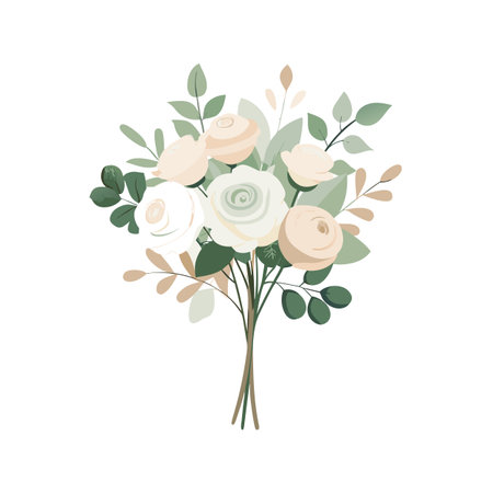 Elegant floral bouquet illustration featuring soft roses and green leaves on a white backgroundのイラスト素材