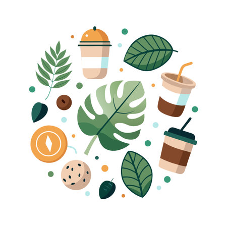 Tropical Summer Beverages and Snacks Flat Lay with Coffee Cups and Leavesのイラスト素材