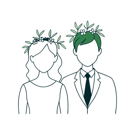 Line art illustration of wedding couple with green floral crown decoration on their headsのイラスト素材