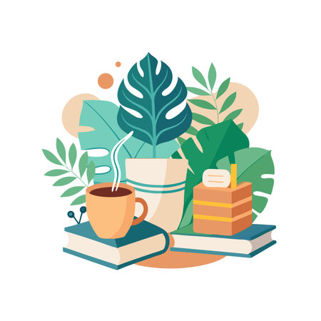 Cozy Study Still Life: Aromatic Coffee, Lush Plants, and Inspiring Books on White Backgroundのイラスト素材