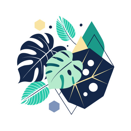 Modern tropical leaf illustration with geometric shapes creating a balanced and stylish designのイラスト素材