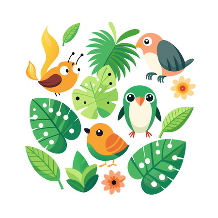 Tropical Birds and Plants Graphic Illustration in Circular Composition on White Backgroundのイラスト素材