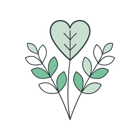 Minimalist botanical heart symbol with leaves on white background creating a symmetrical design.のイラスト素材