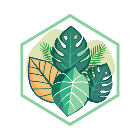Tropical leaf arrangement inside a light green hexagon frame for backgrounds and templatesのイラスト素材
