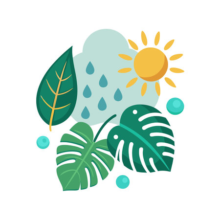 Sunny and rainy day tropical plants. Summer background with monstera leaves and weather elementsのイラスト素材