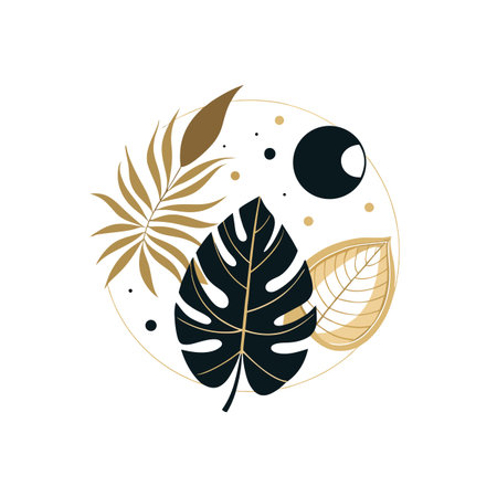 Botanical illustration with black and gold tropical leaves in circular frame on white backgroundのイラスト素材