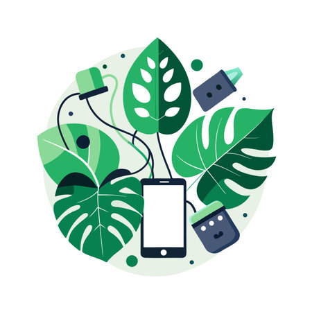 Modern flat lay composition featuring a smartphone, headphones, and Monstera leaves, creating a tropical tech vibeのイラスト素材