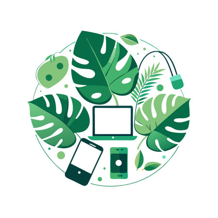 Flat Vector Illustration of Tech Devices Surrounded by Green Tropical Leaves in a Circular Layoutのイラスト素材